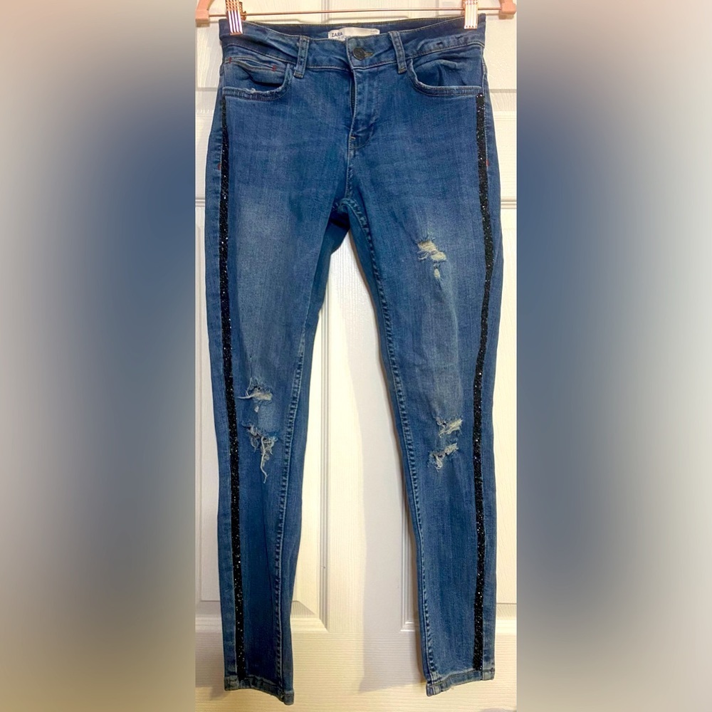 Zara Basic Z1975 Denim frayed distressed ankle crop jeans size 4 side stripes